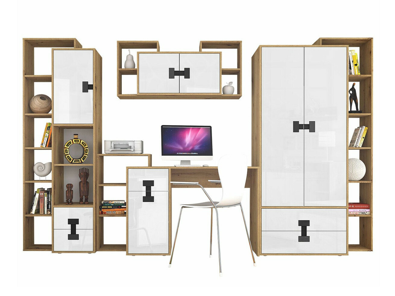 Büro-Set Florevi 104 (Weiss glänzend + Artisan-Eiche)