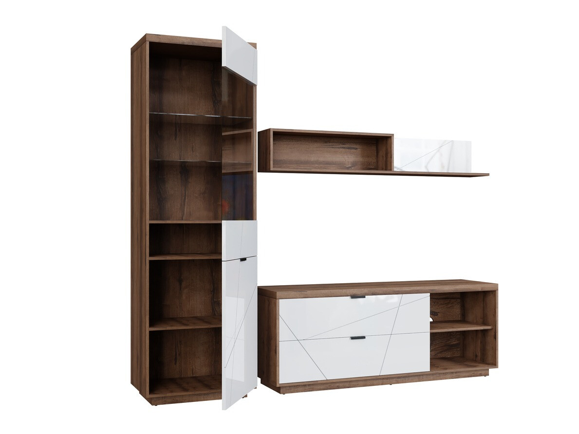 Wohnzimmer-Set Fivale 113 (Delano-Eiche dunkel + Weiss glänzend)