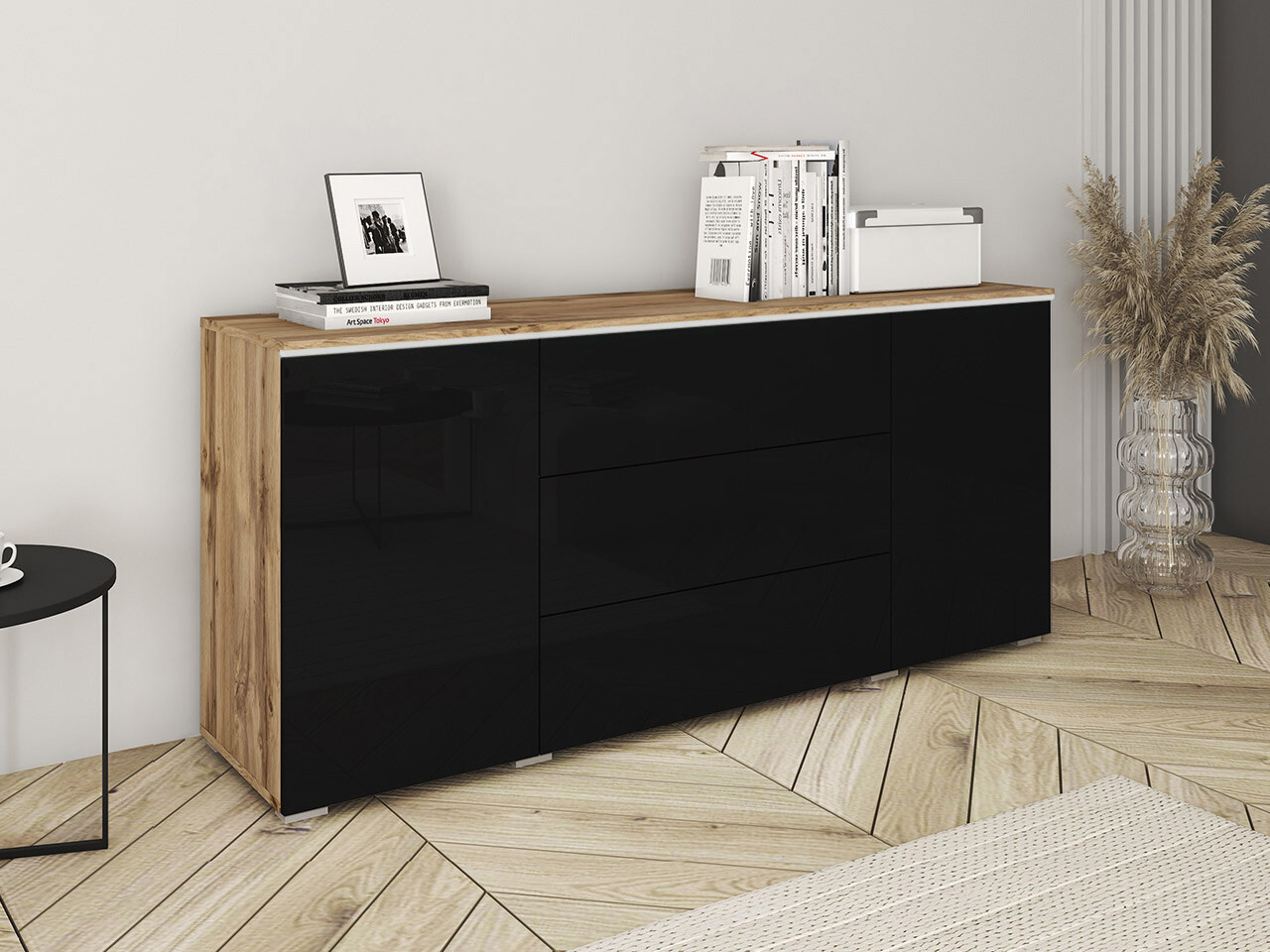Kommode Mirfivo 102 (Wotan-Eiche + Schwarz glänzend)