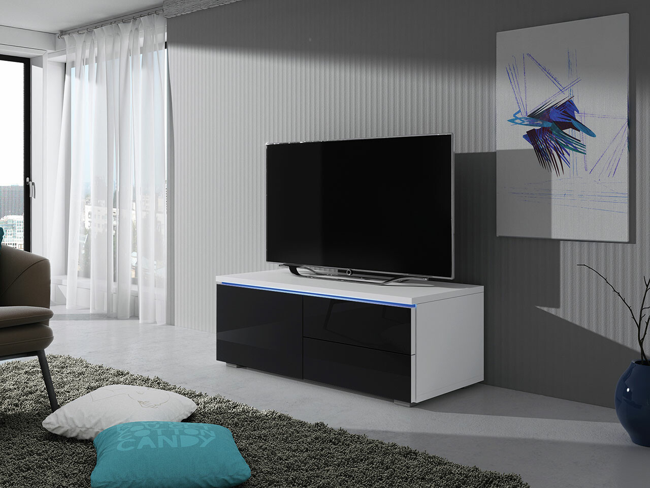 TV-Möbel Uva VI (Weiss + Schwarz glänzend)