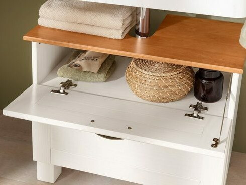 Stehender Badezimmerschrank für ein Waschbecken Ophlevu 102 (Weiss + Eichenholzoptik Honig)