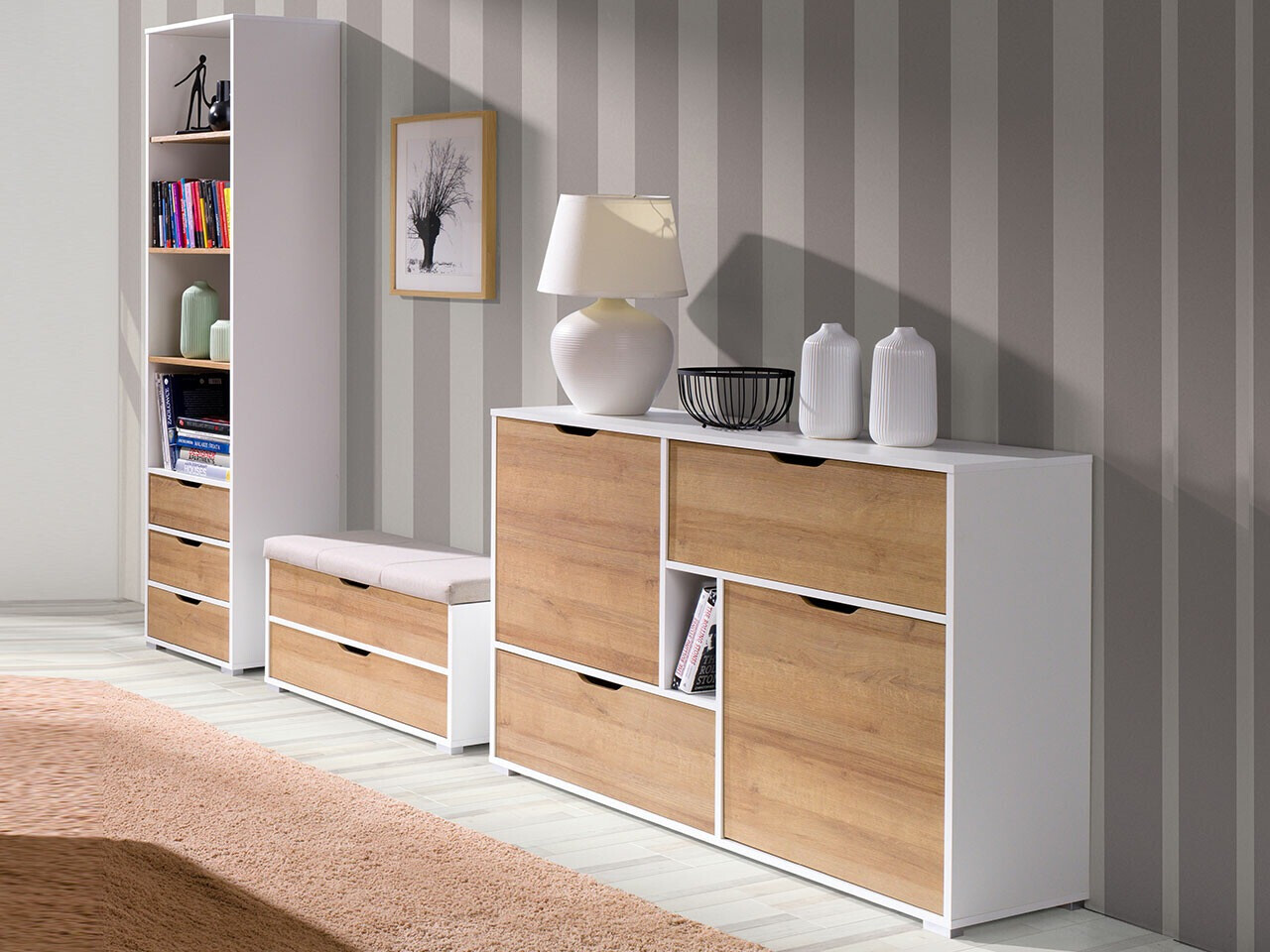 Möbel-Set Providence H121 (Weiss + Goldene Eichenholzoptik)