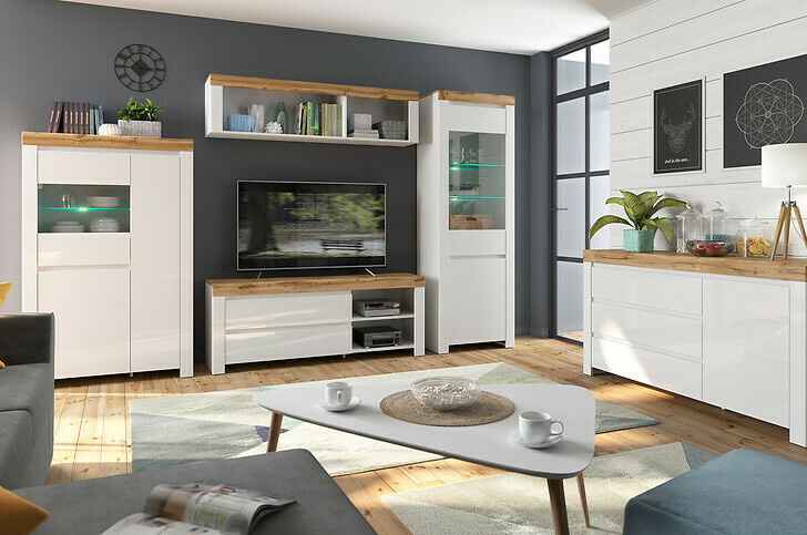 Kommode Sonsoru 100 (Weiss + Weiss glänzend + Wotan Eiche)