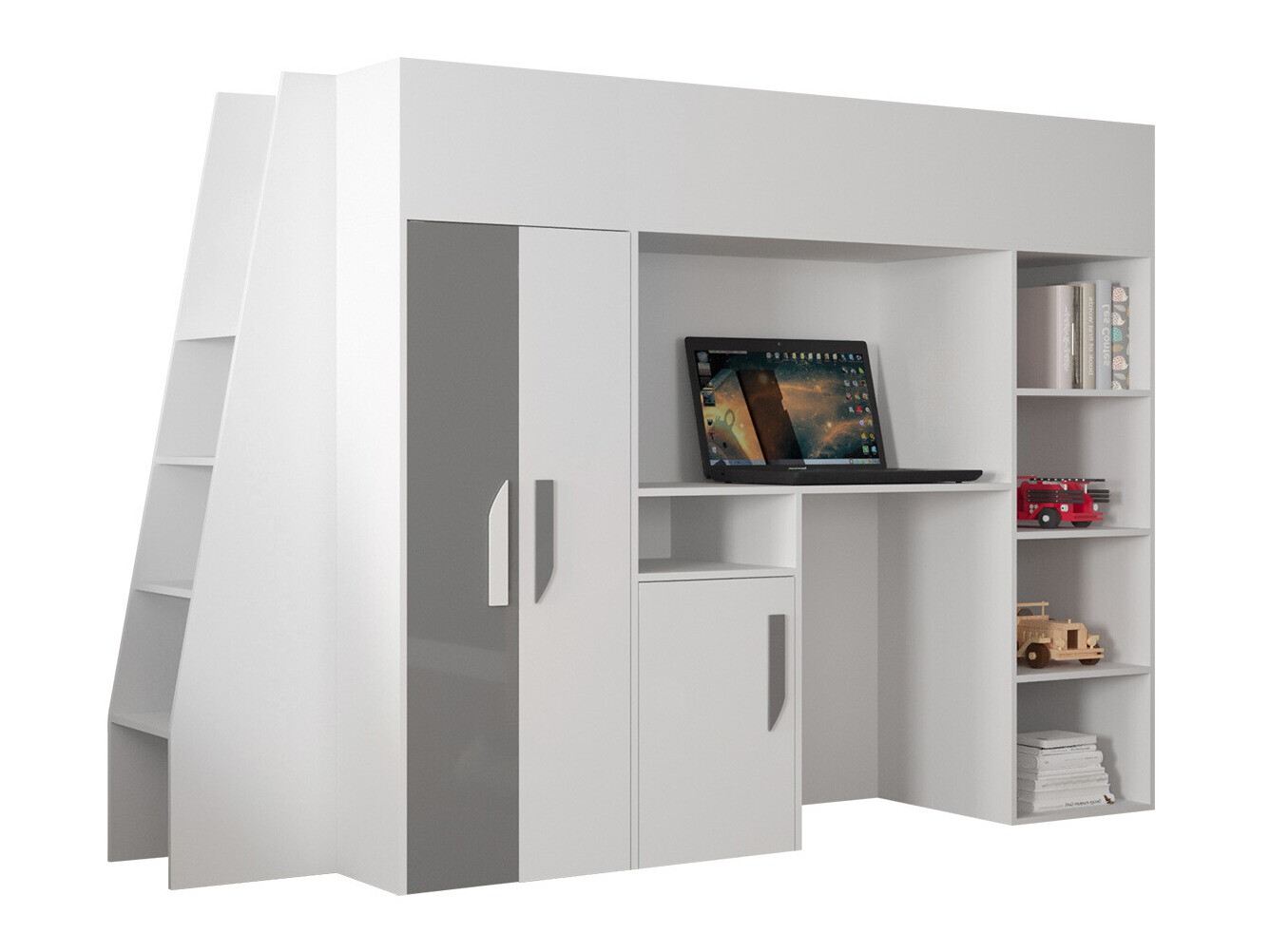 Hohes Bett Hartford 355 (Weiss + Glanzgrau + Weiss glänzend)