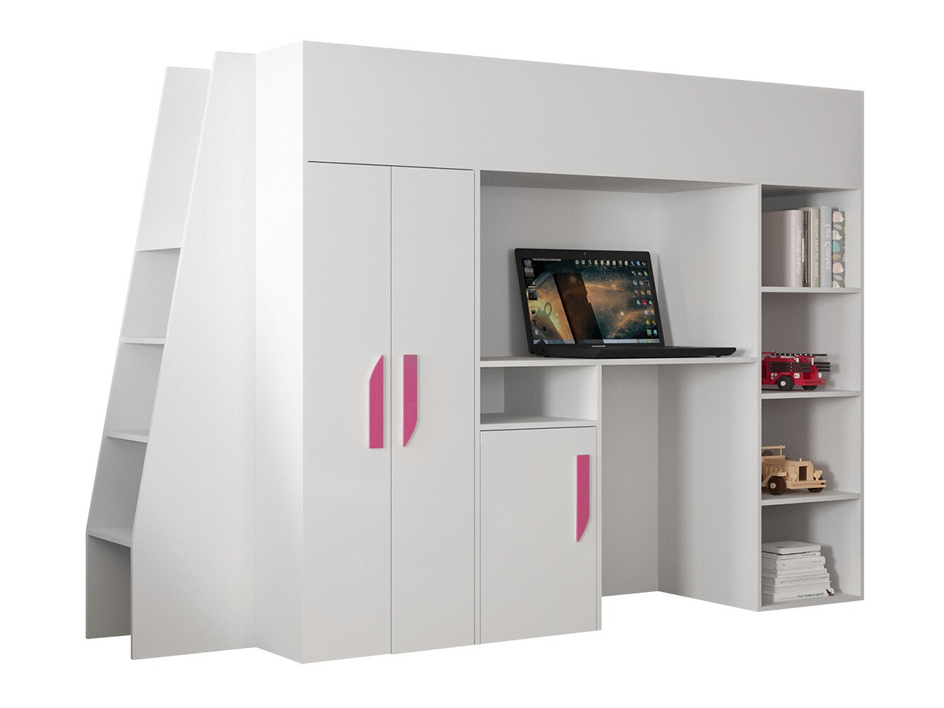 Hohes Bett Hartford 355 (Weiss + Weiss glänzend + Rosa)