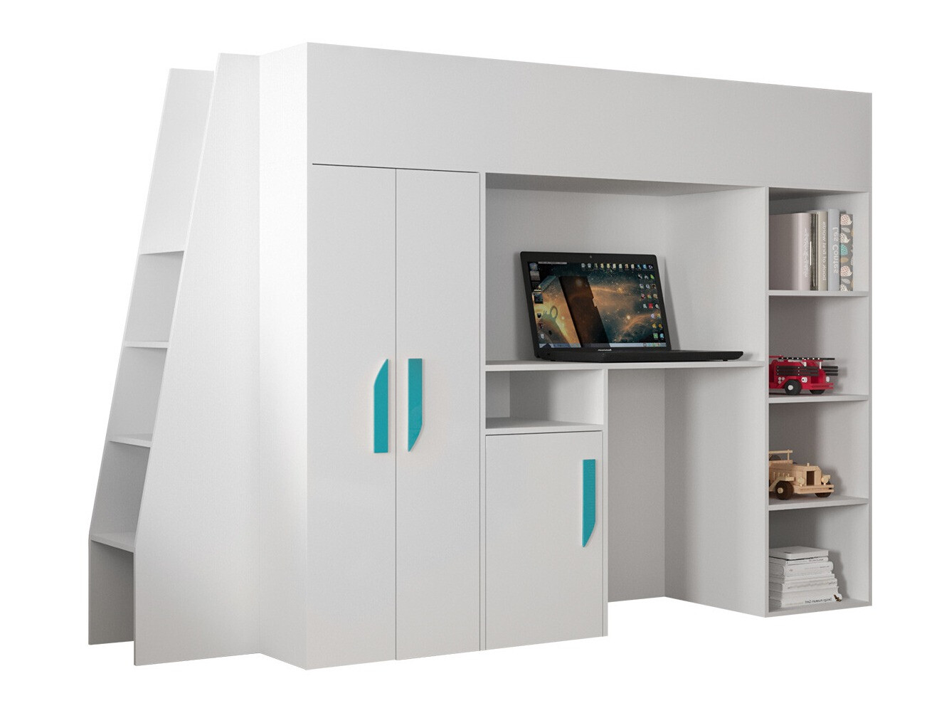 Hohes Bett Hartford 355 (Weiss + Weiss glänzend + Türkis)