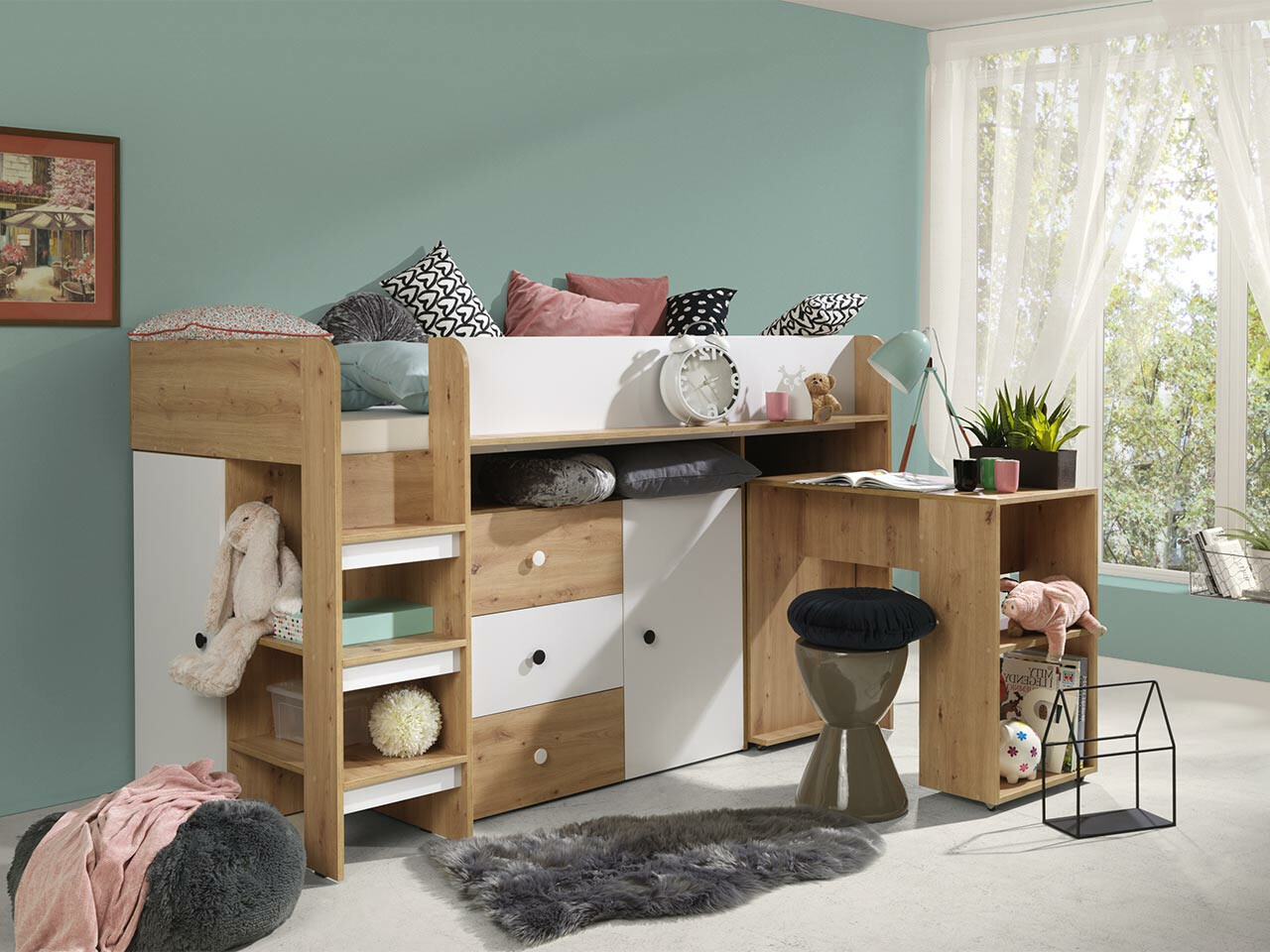 Hohes Bett Hartford 359 (Artisan Eichenholzoptik + Weiss)