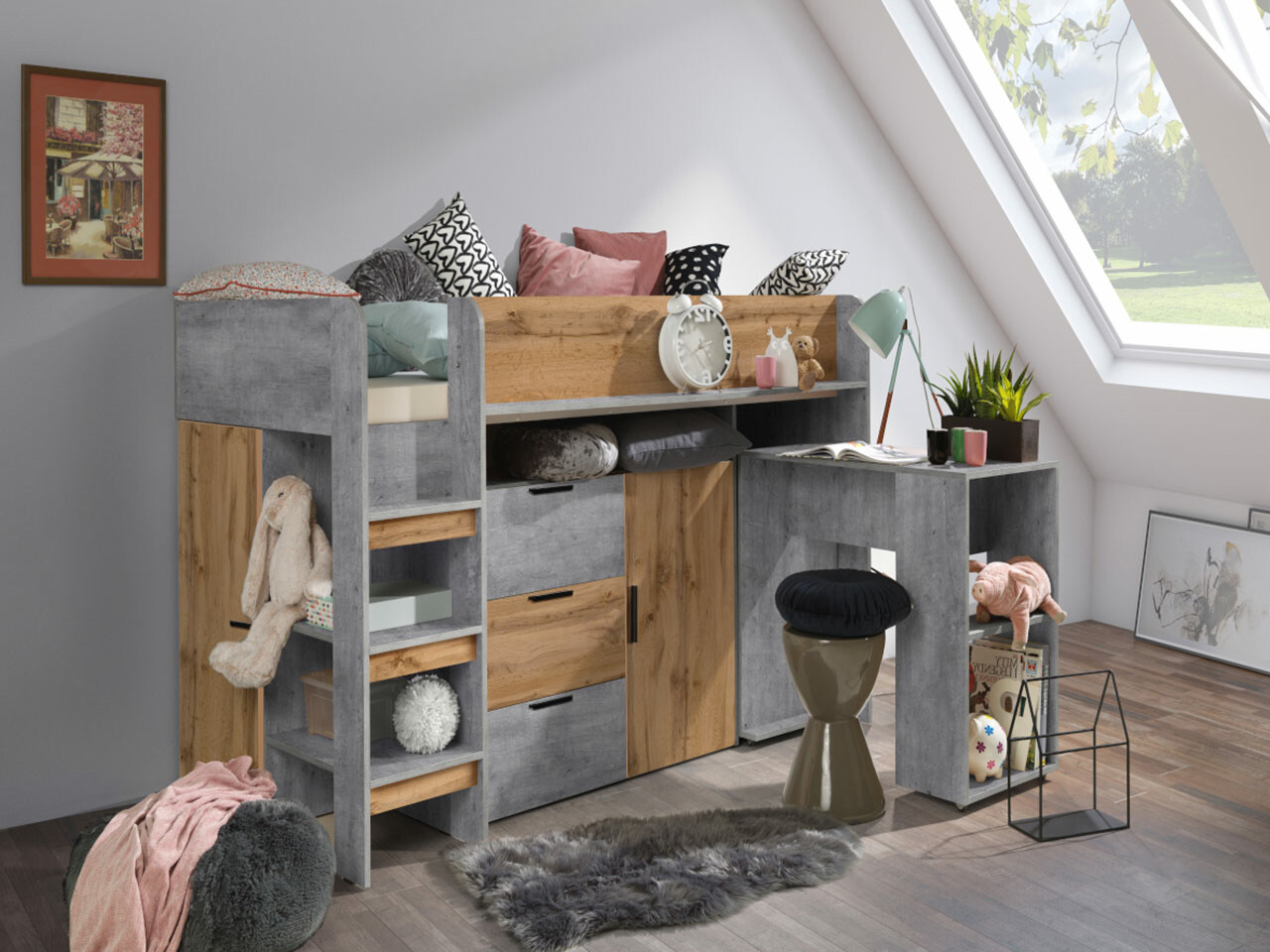 Hohes Bett Hartford 363 (Beton + Wotan Eiche)