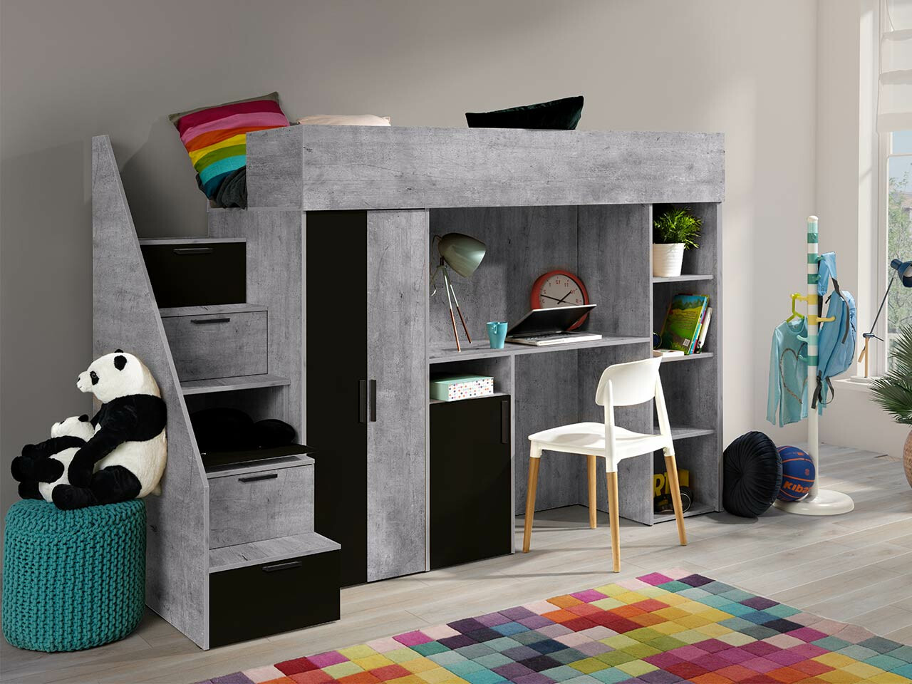 Hohes Bett Hartford 365 (Beton + Schwarz)