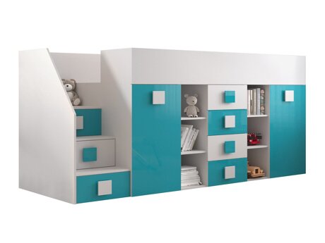 Hohes Bett Hartford 366 (Weiss + Glänzend Türkis + Weiss glänzend)