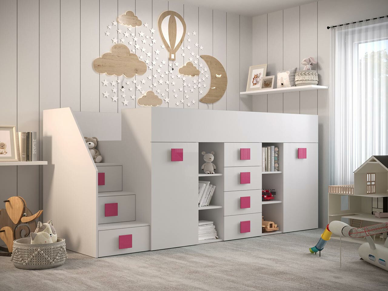 Hohes Bett Hartford 366 (Weiss + Weiss glänzend + Rosa)
