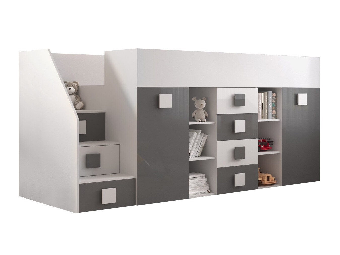 Hohes Bett Hartford 366 (Weiss + Glanzgrau + Weiss glänzend)