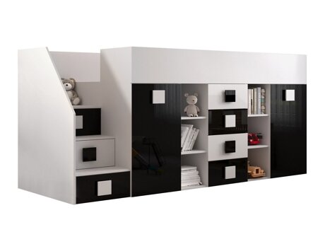 Hohes Bett Hartford 366 (Weiss + Schwarz glänzend + Weiss glänzend)