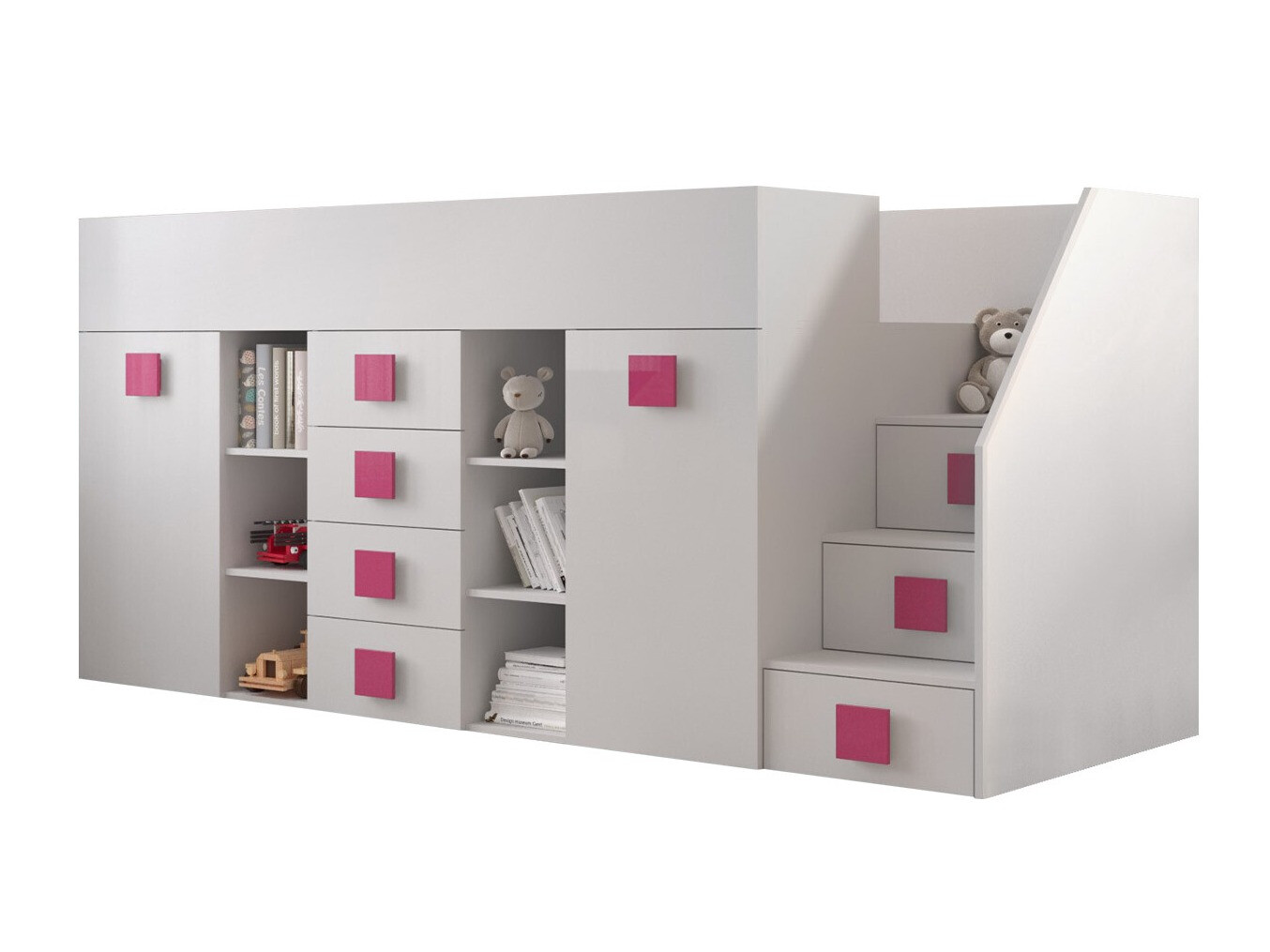 Hohes Bett Hartford 366 (Weiss + Weiss glänzend + Rosa)