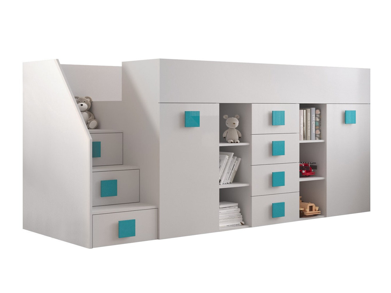 Hohes Bett Hartford 366 (Weiss + Weiss glänzend + Türkis)