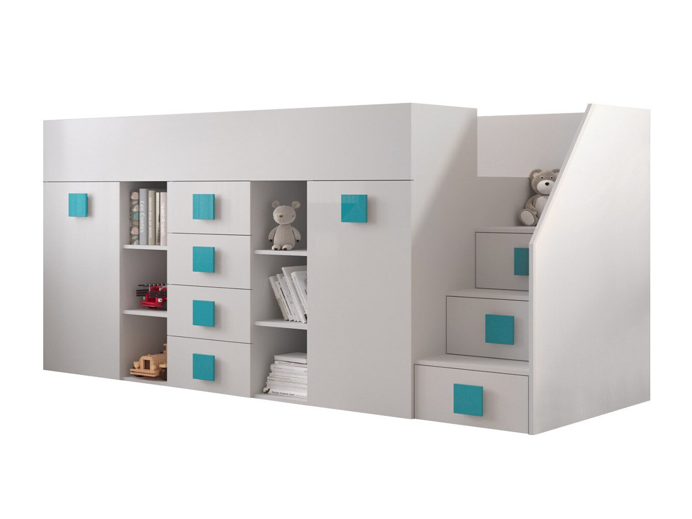 Hohes Bett Hartford 366 (Weiss + Weiss glänzend + Türkis)