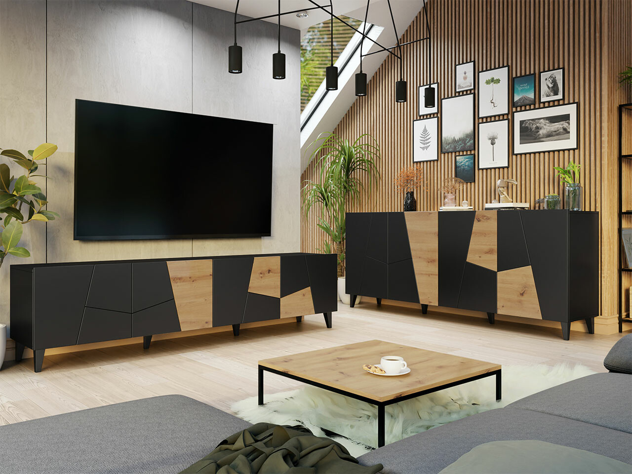 Wohnzimmer-Set Charlotte 182 (Schwarz + Craft eiche)