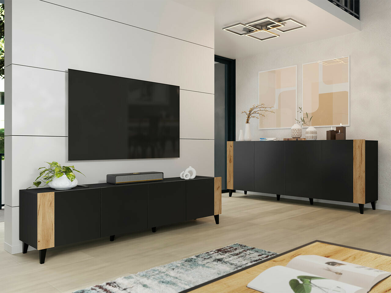 Wohnzimmer-Set Charlotte 185 (Schwarz + Craft eiche)