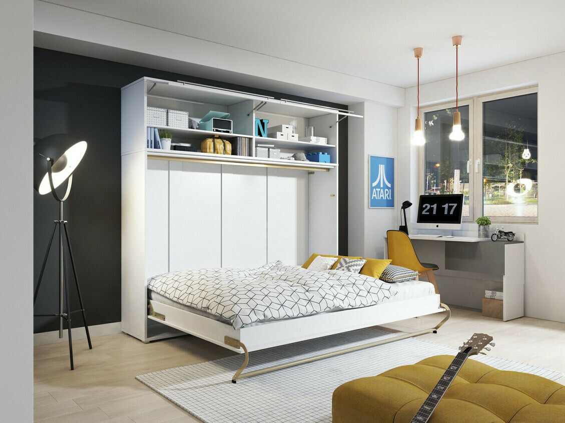 Schrankbett Concept Pro Lenart IV (Weiss + Weiss glänzend)