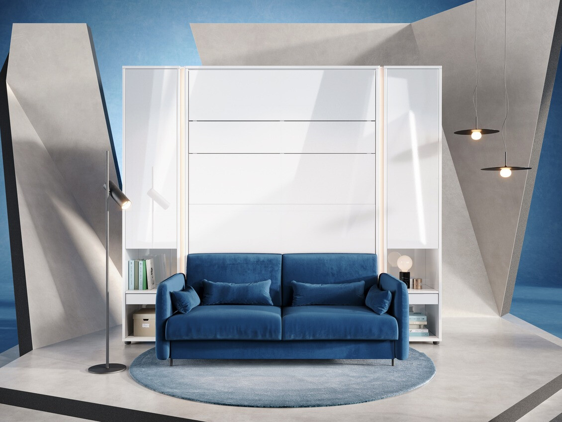 Möbel-Set Concept Lenart VI (Weiss glänzend + Weiss + Blau)
