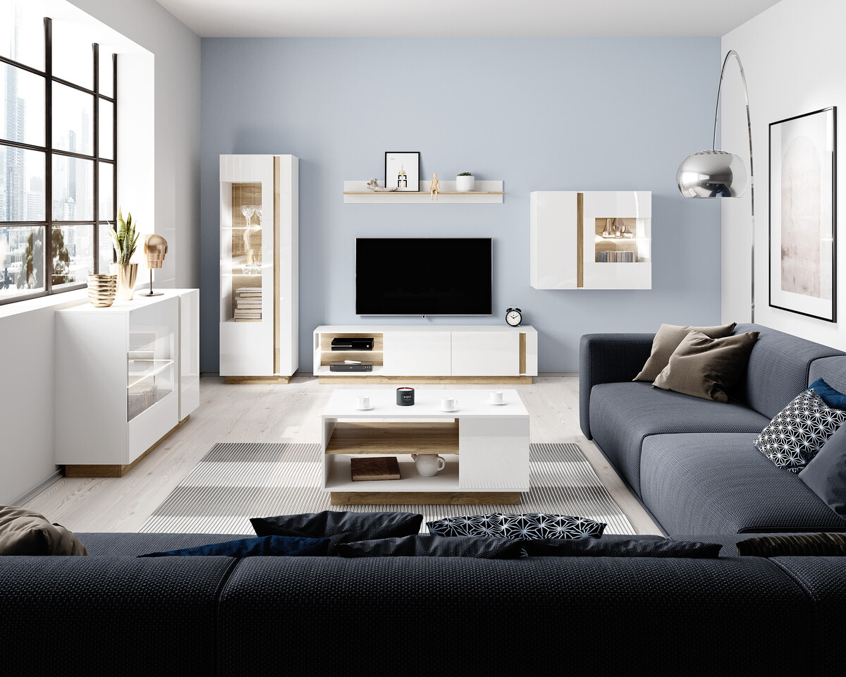 TV-Möbel Novbela 108 (Weiss + Weiss glänzend + Grandson-Eiche)