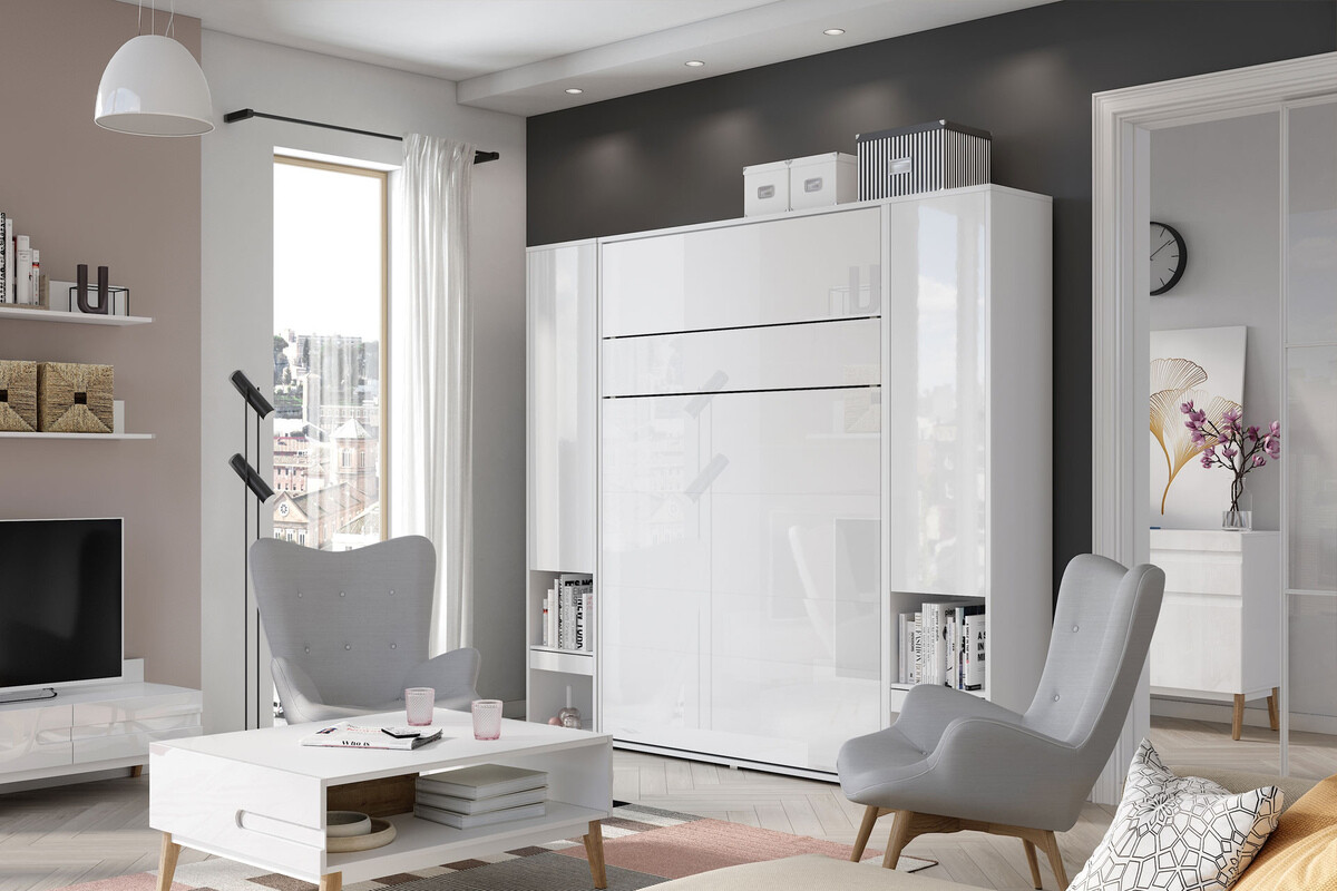 Schrankbett Concept Pro Lenart (Weiss + Weiss glänzend)