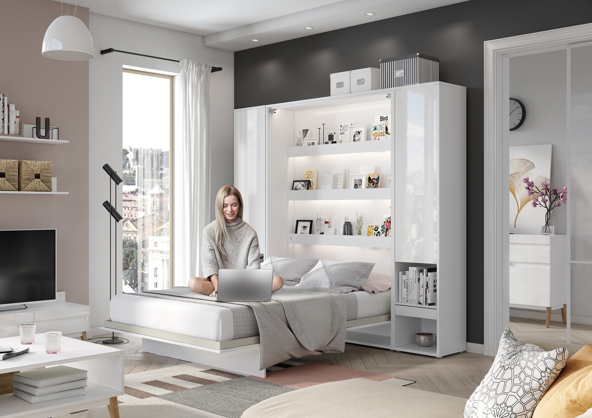 Schrankbett Concept Pro Lenart (Weiss + Weiss glänzend)