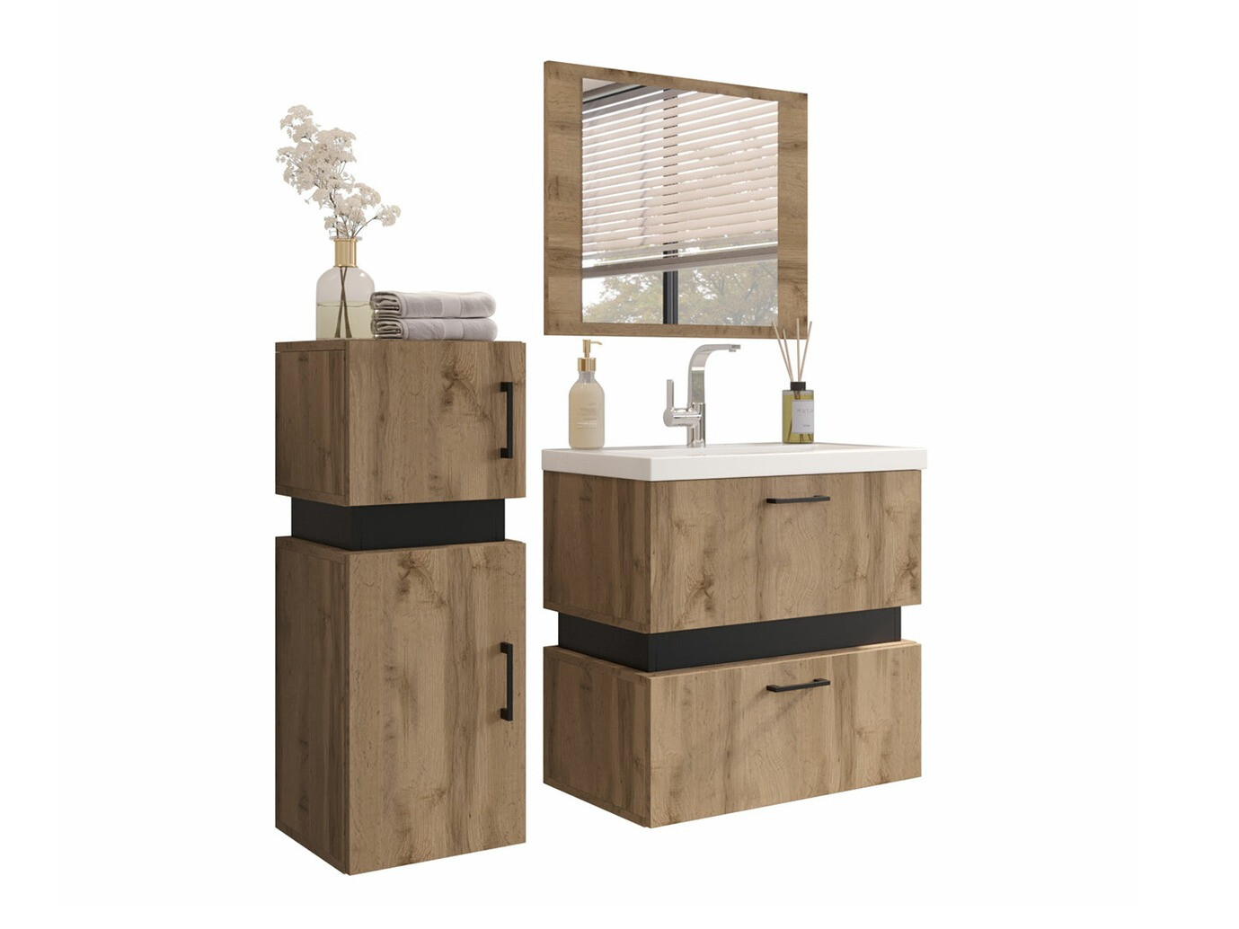 Badezimmer-Set Hartford C103 (Wotan eichenholzoptik + Schwarz)