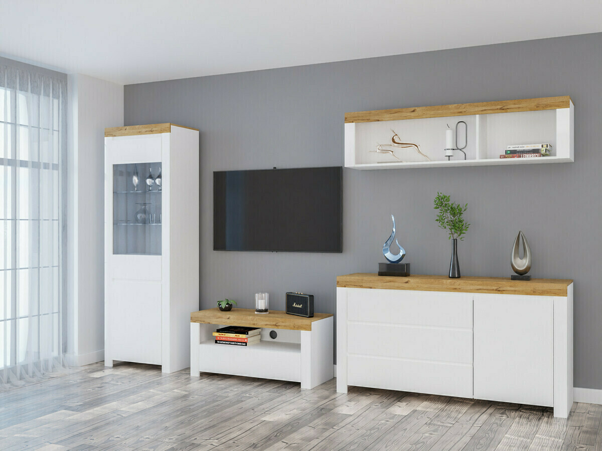 Kommode Sonsoru 100 (Weiss + Weiss glänzend + Wotan Eiche)