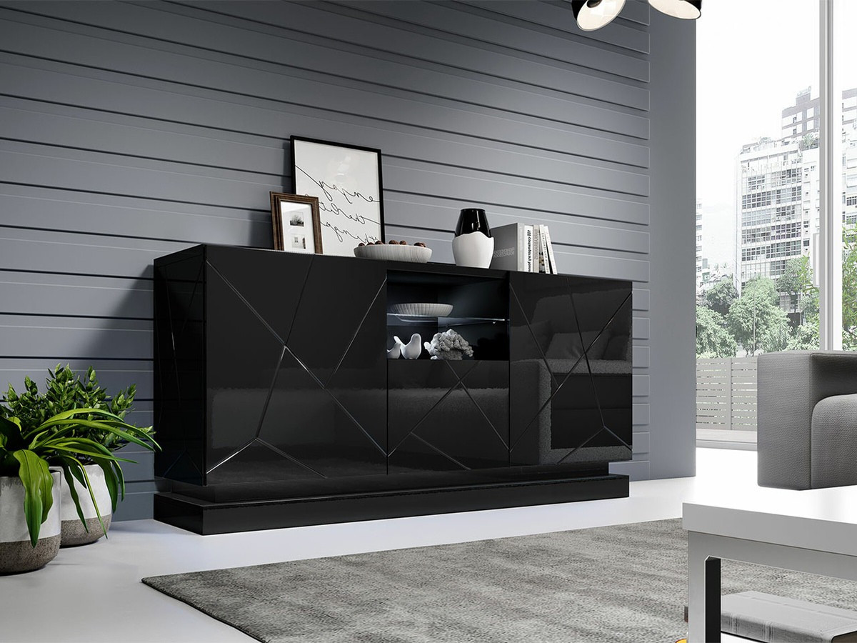 Sideboard Charlotte 186 (Schwarz + Schwarz glänzend)