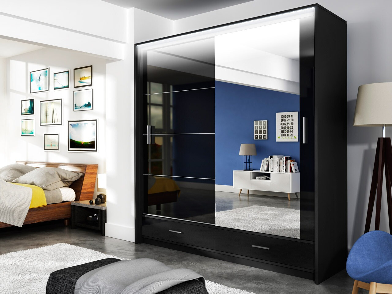Kleiderschrank Honolulu 162 (Schwarz glänzend + Schwarz)