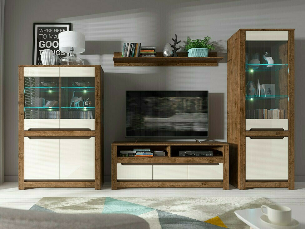 Sideboard Ophevaru 102 (Cremefarben glänzend + April eiche)