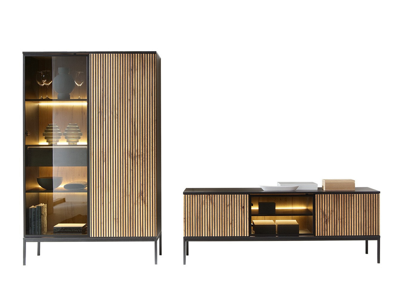 Wohnzimmer-Sets Soferi 114 (Schwarz + Wotan Eiche)