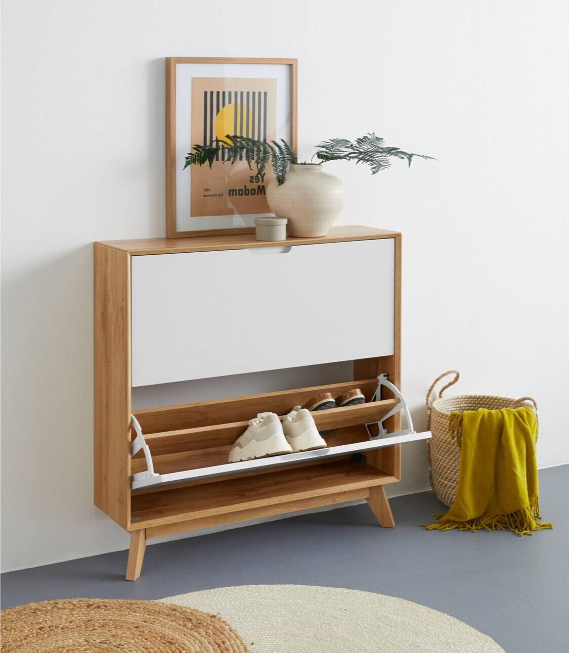 Schuhschrank Dorvou 106 (Weiss + Eiche)