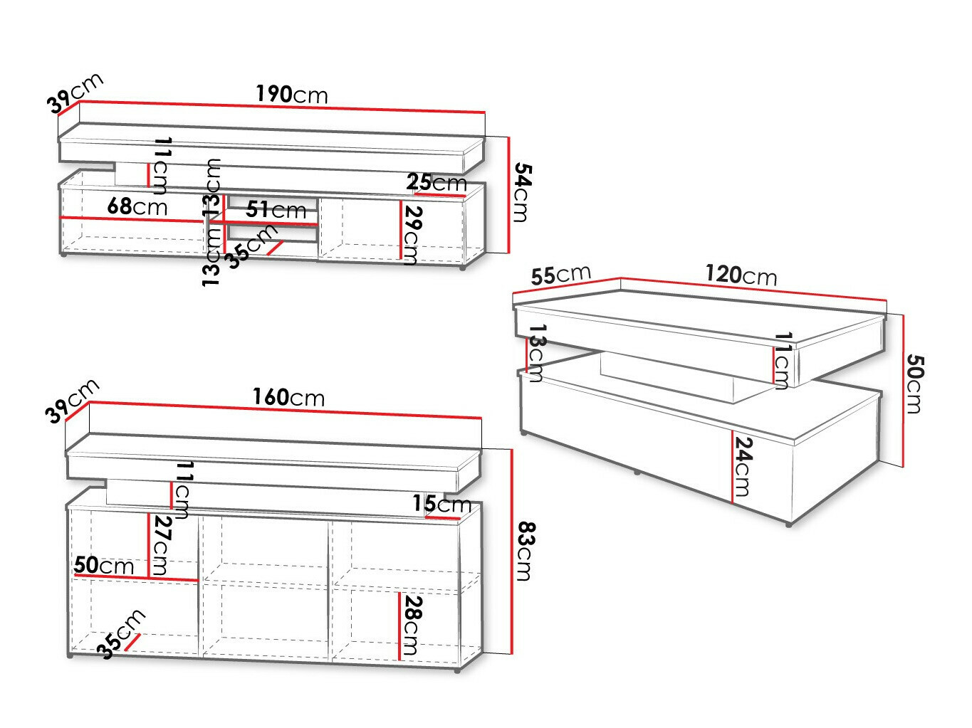 Wohnzimmer-Sets Monfero (Schwarz + Schwarz glänzend)