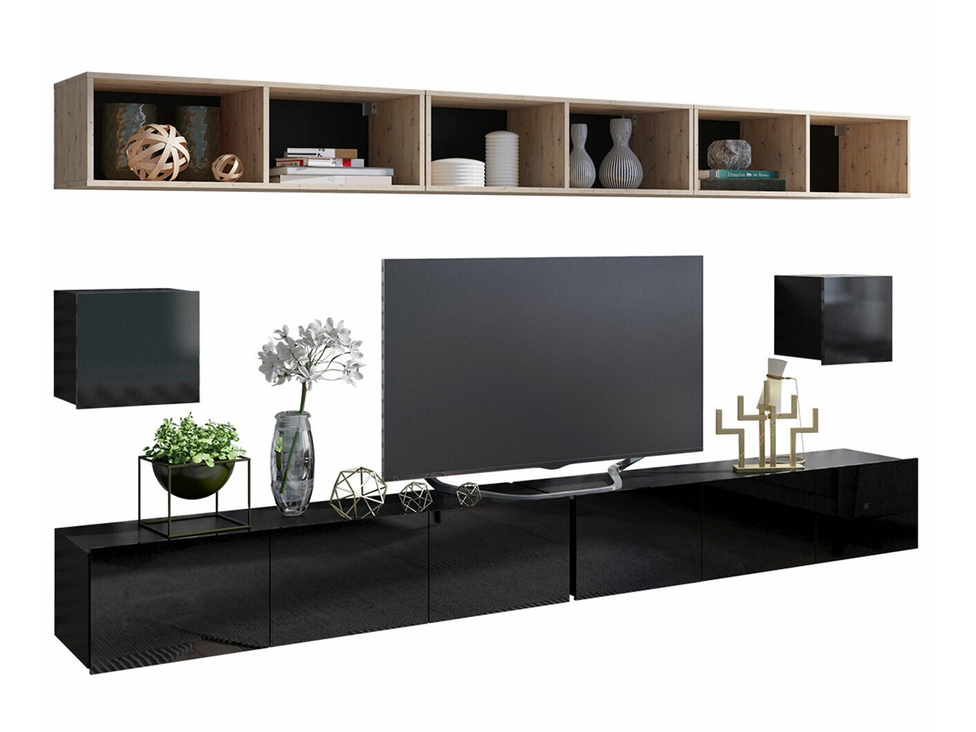 Wohnzimmer-Set Remus XXXIII (Schwarz + Schwarz glänzend + Artisan-Eiche)