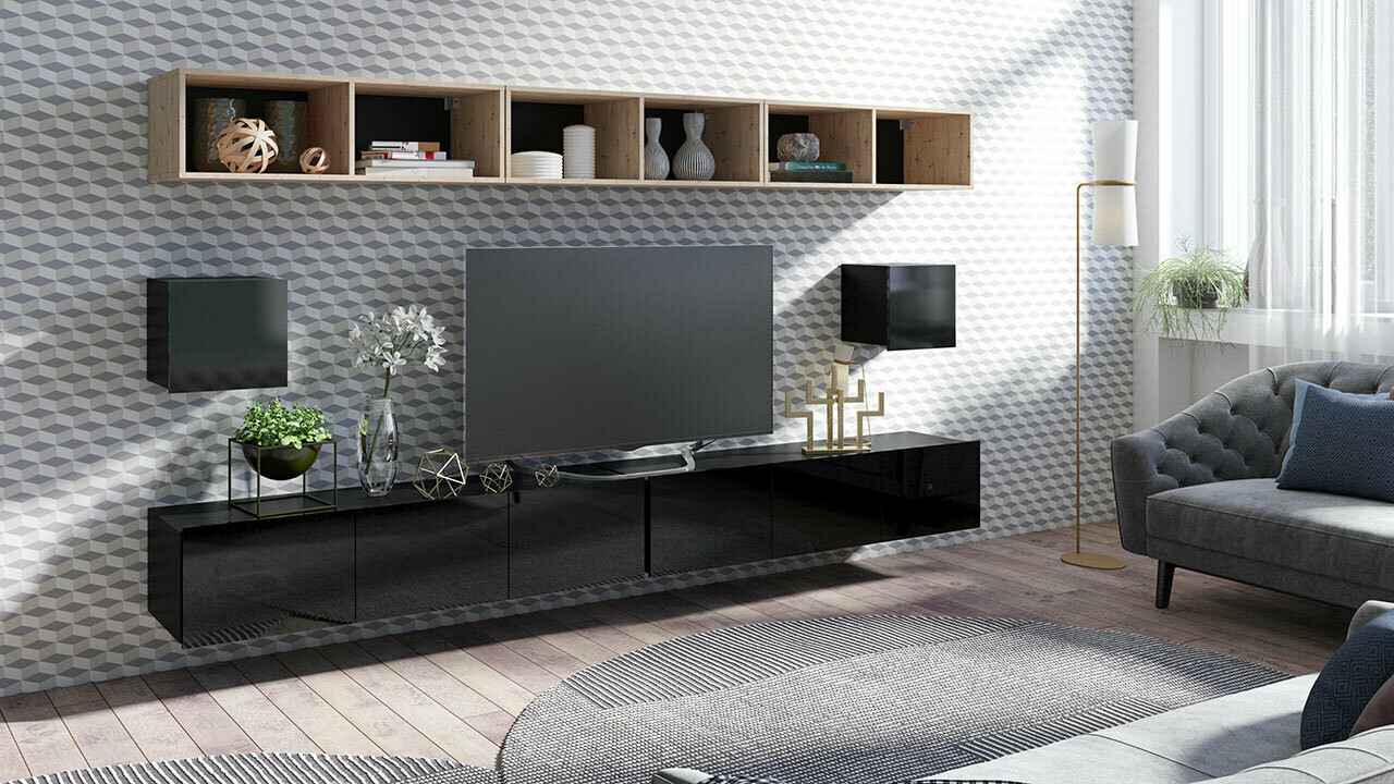 Wohnzimmer-Sets Remus XXXIII (Schwarz + Schwarz glänzend + Artisan Eichenholzoptik)