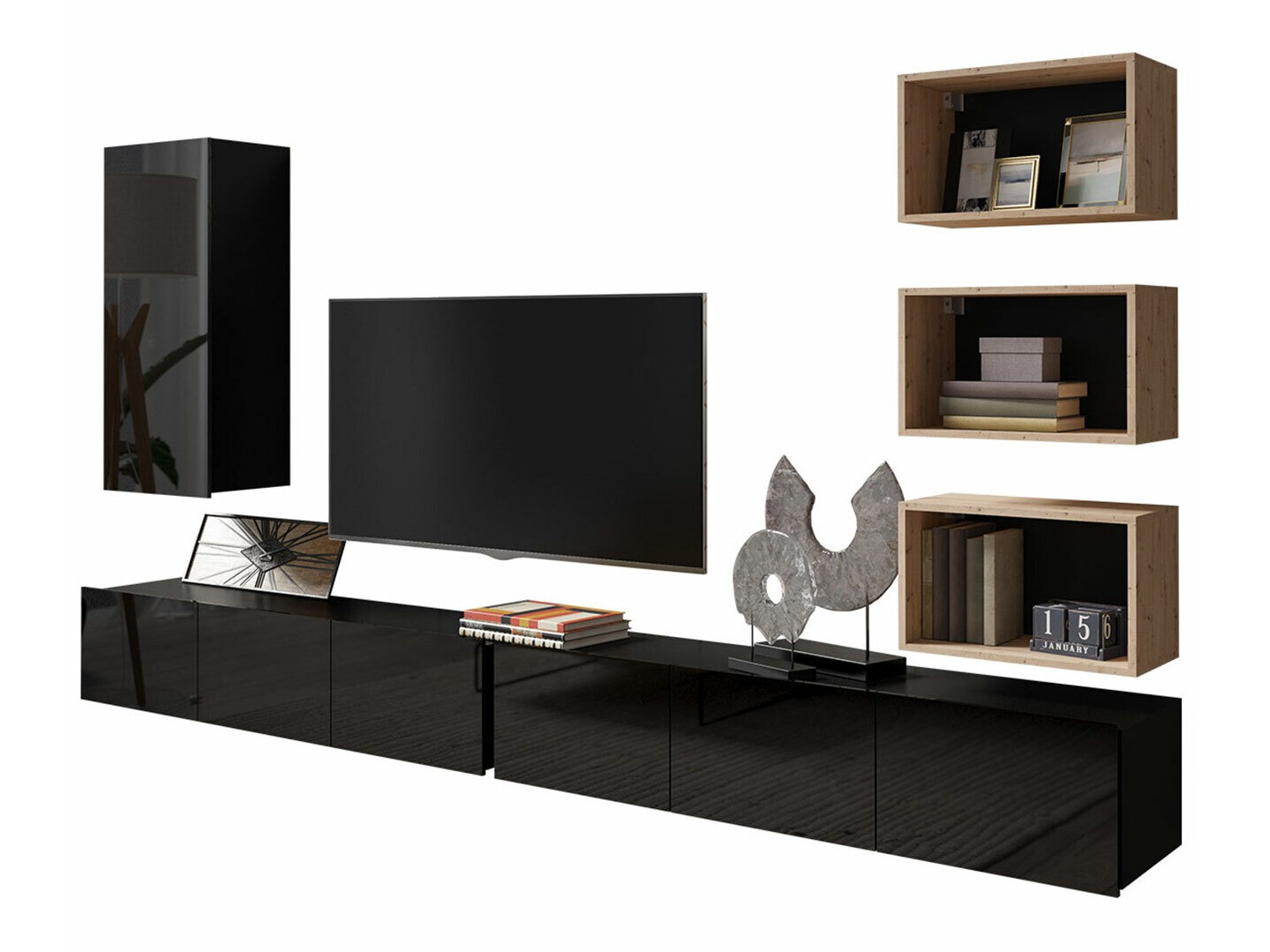 Wohnzimmer-Sets Tivdalu 156 (Schwarz + Schwarz glänzend + Artisan Eichenholzoptik)