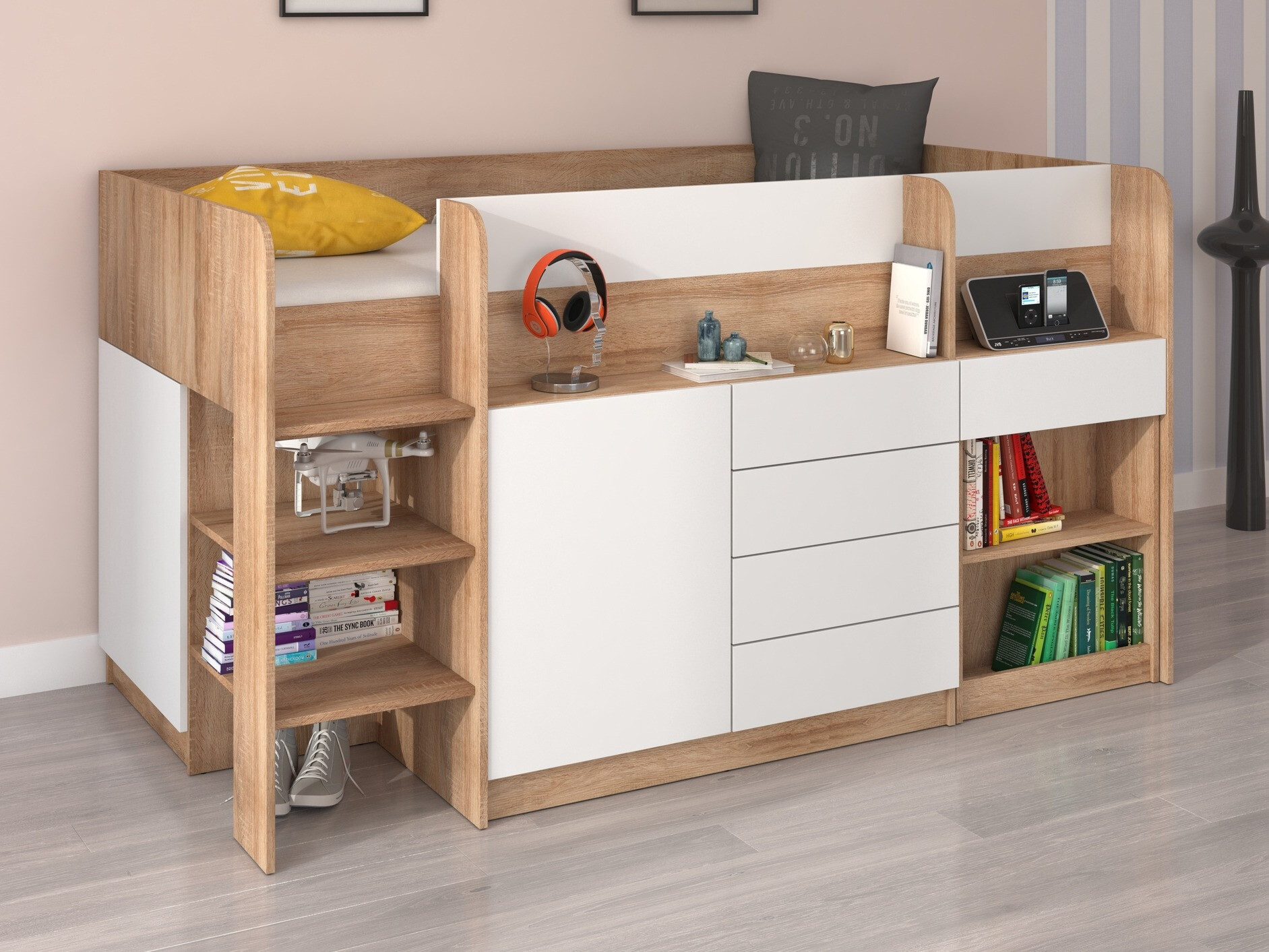 Hohes Bett Gilroy 116 (Sonoma eichenholz + Weiss)