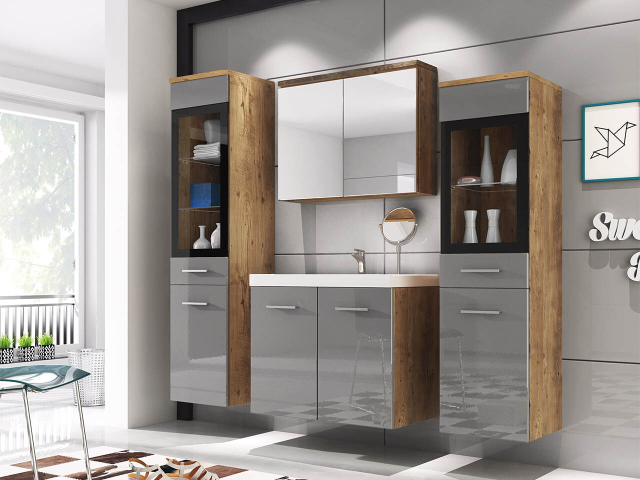 Badezimmer-Set Sarasota 140 (Glanzgrau + Kastanienholzoptik)