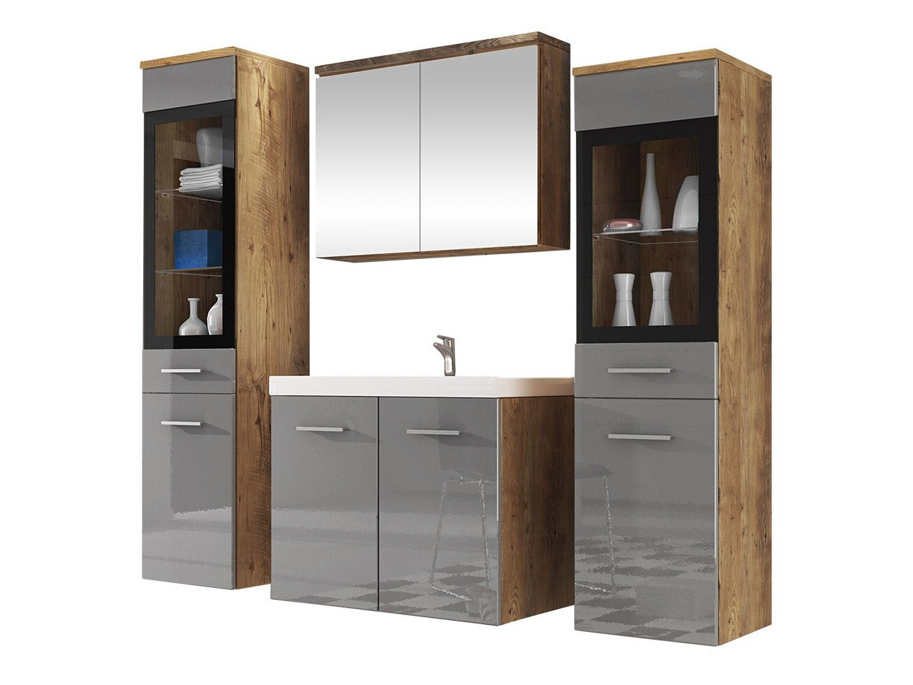 Badezimmer-Set Sarasota 140 (Glanzgrau + Kastanienholzoptik)