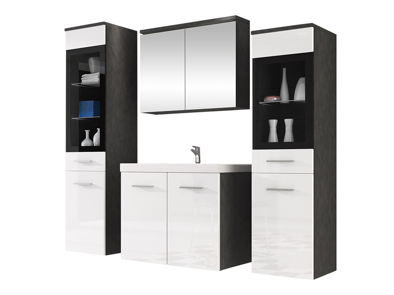 Badezimmer-Set Scientia III (Weiss glänzend + Matera grau)