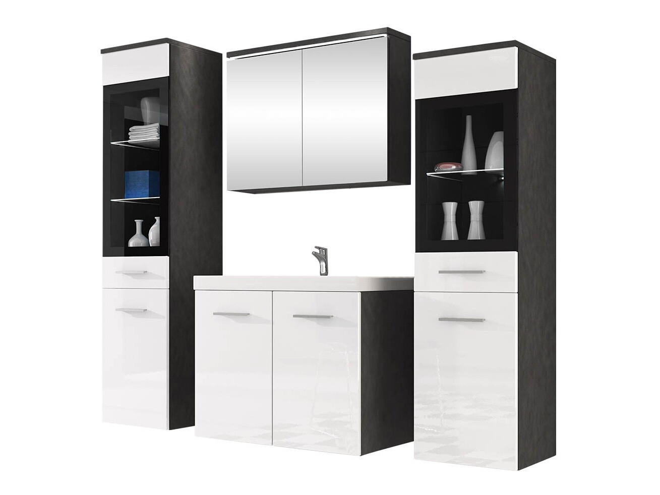 Badezimmer-Set Scientia III (Weiss glänzend + Matera grau)