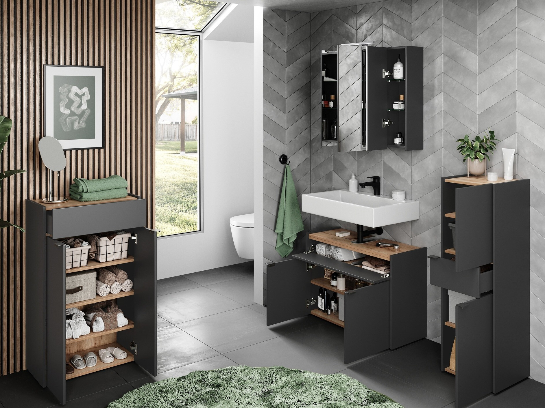 Badezimmer-Set Ventei 109 (Graphit + Navarra eichenholzoptik)