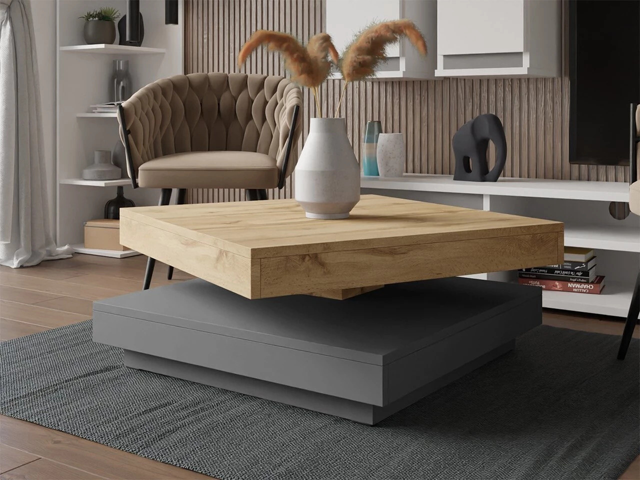 Couchtisch-Transformer Comfivo Pisces (Graphit + Wotan-Eiche)
