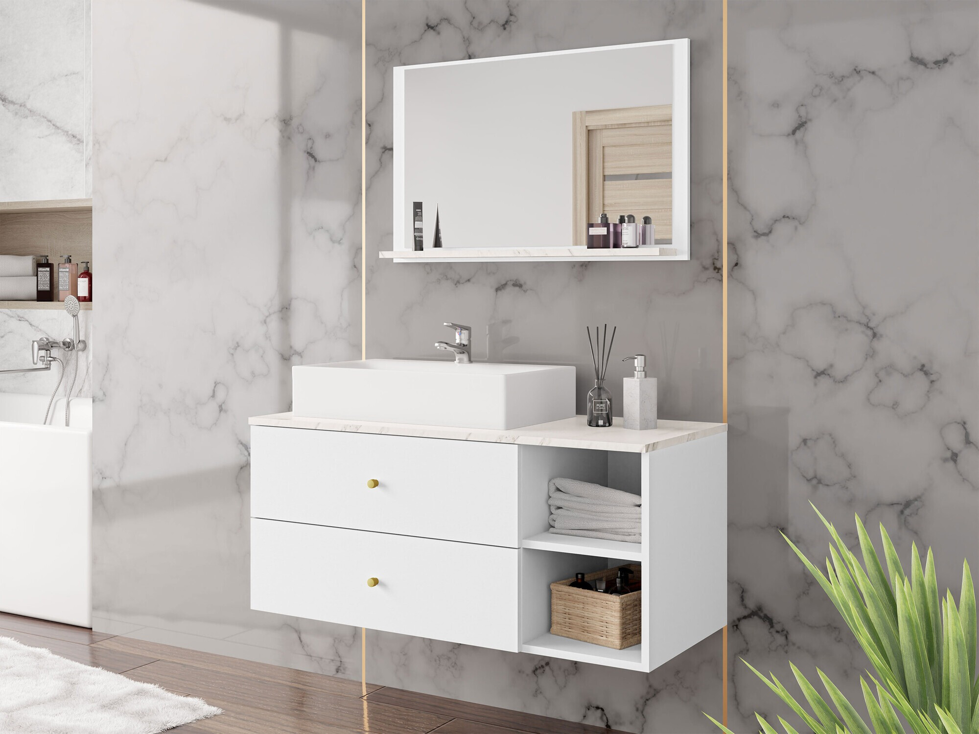 Badezimmer-Set Salus I (Weiss + Weisser Marmor)