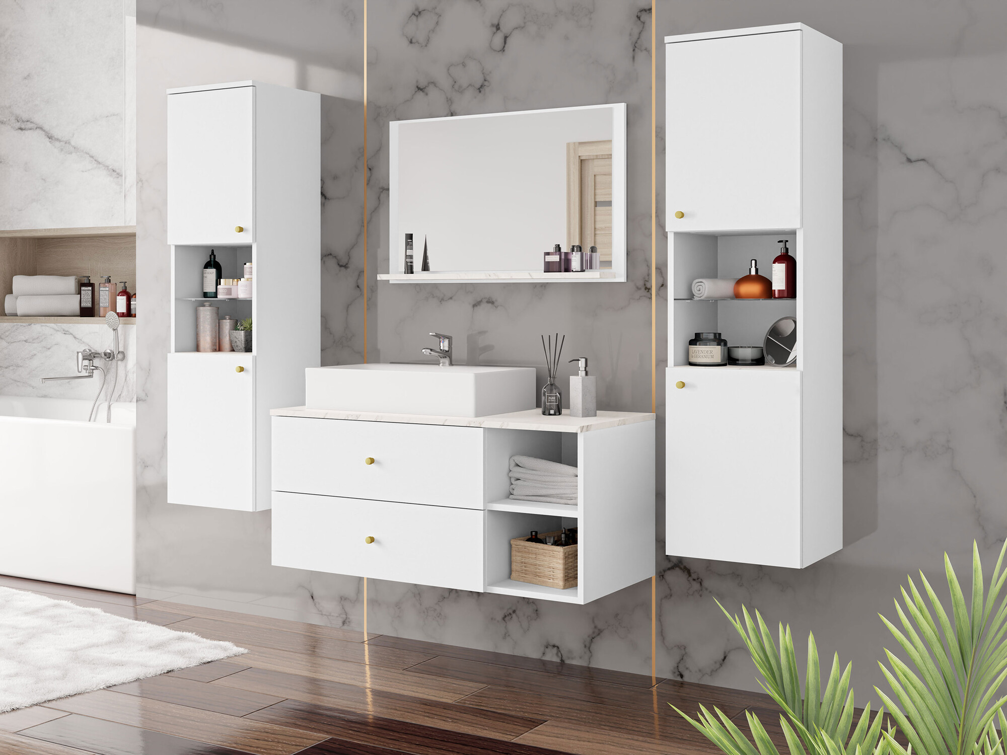 Badezimmer-Set Salus III (Weiss + Weisser Marmor)