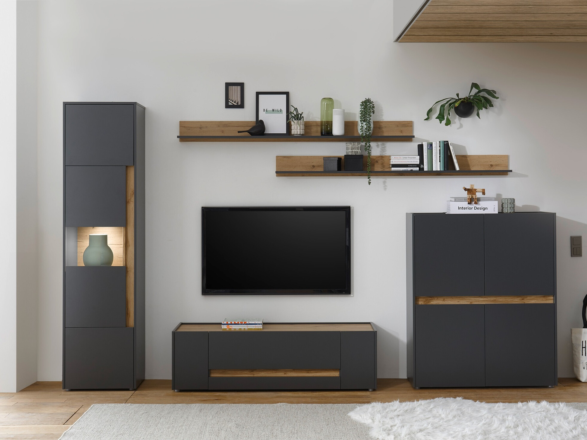 Wohnzimmer-Set Elbsori 131 (Anthrazit + Wotan-Eiche)