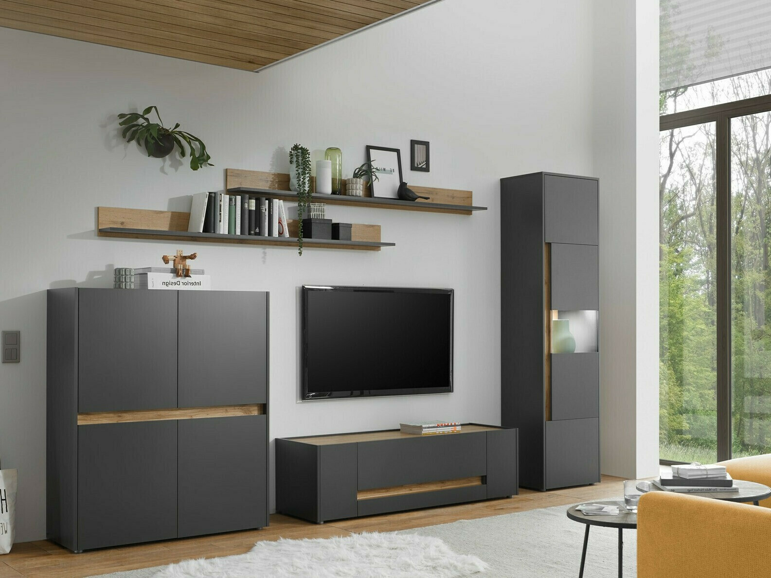 Wohnzimmer-Set Elbsori 131 (Anthrazit + Wotan-Eiche)
