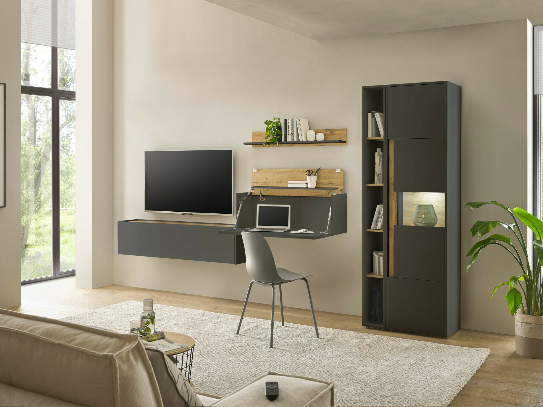 Wohnzimmer-Set Elbsori 133 (Anthrazit + Wotan-Eiche)